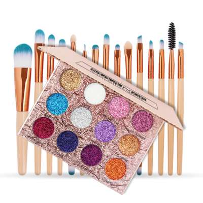 NEW Eye Shadow Glitter Shimmer Pigment 3D Nude Metallic Diamond Eyeshadow Palette 12 Color + 15 Pcs/Set Makeup Brush Set